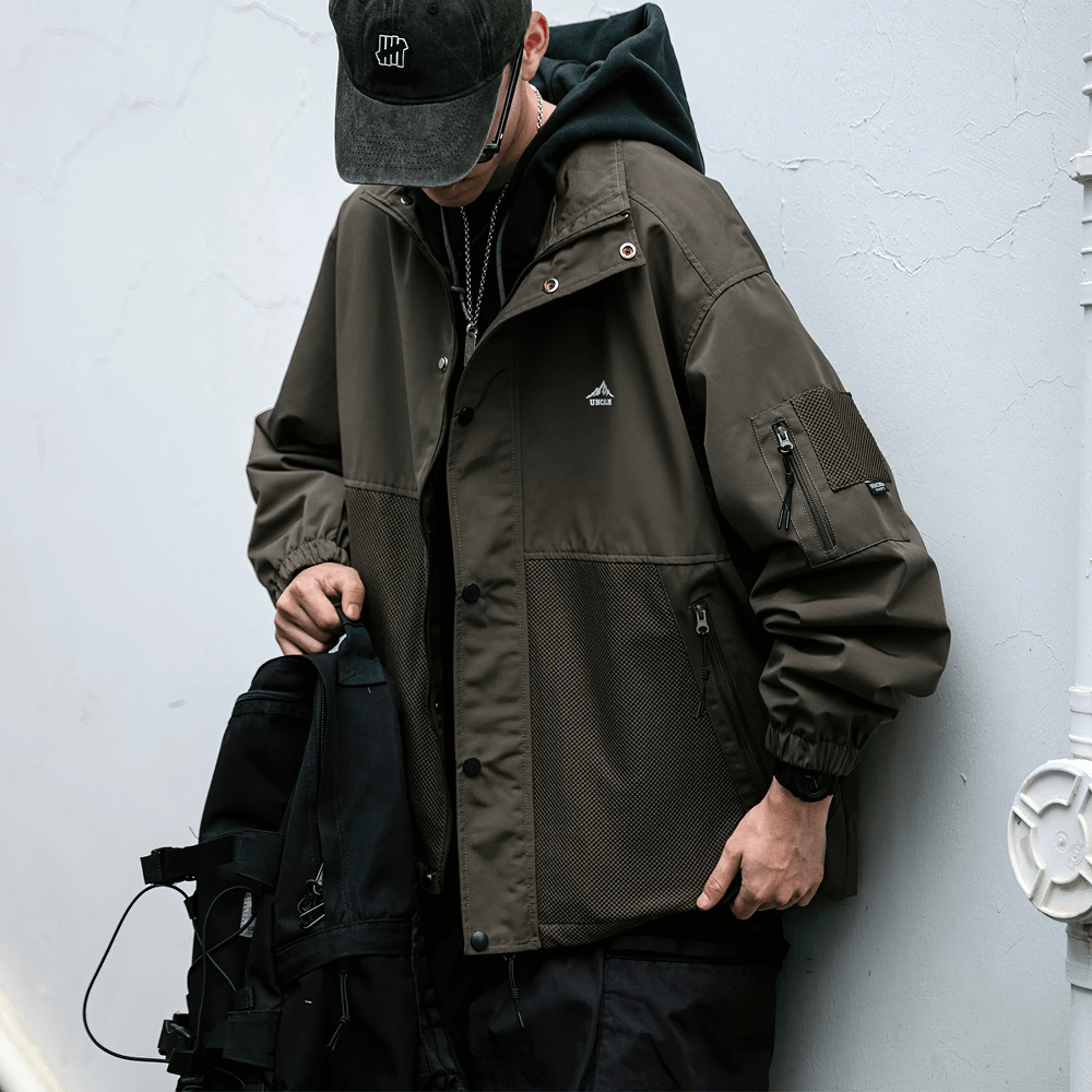 Men's waterproof hiking jacket SF2272 with stand collar, chic outdoor streetwear style, perfect for urban and trail adventures.
